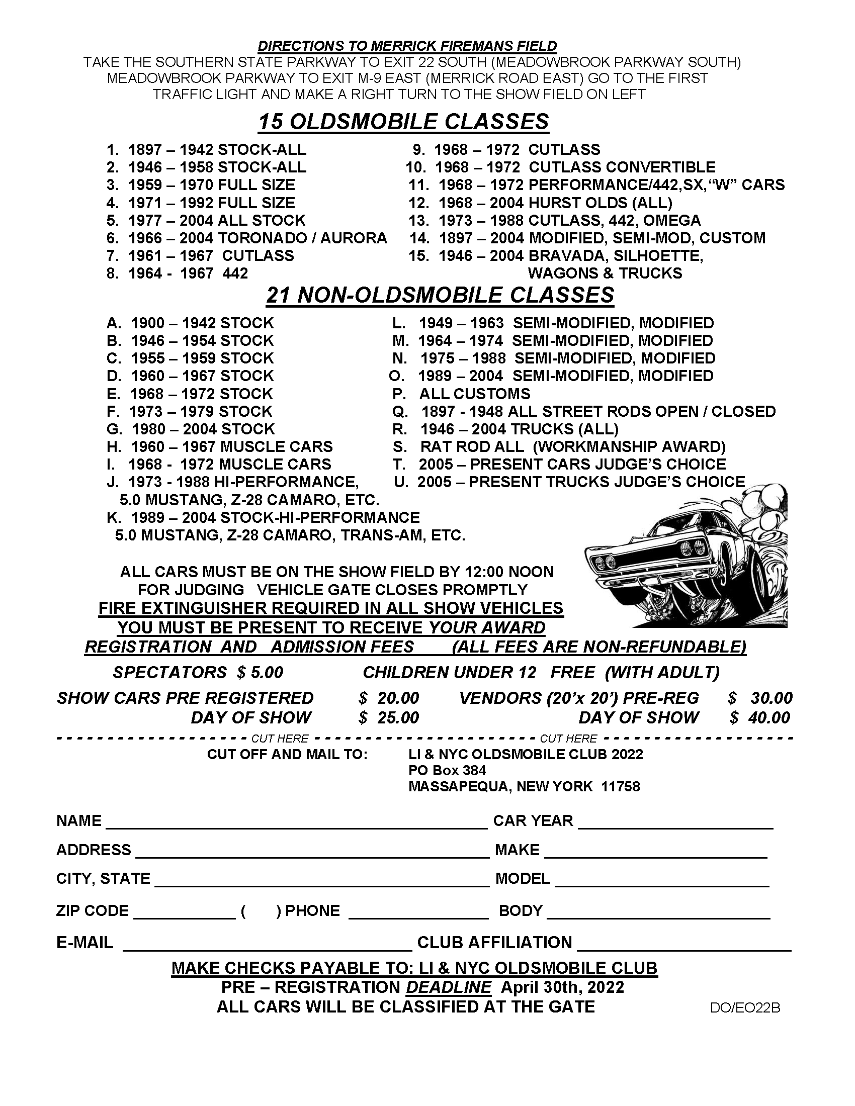 2022 LI NYC Oldsmobile Club 45th Annual Dust Off Poster with Car Entry Form Page 2